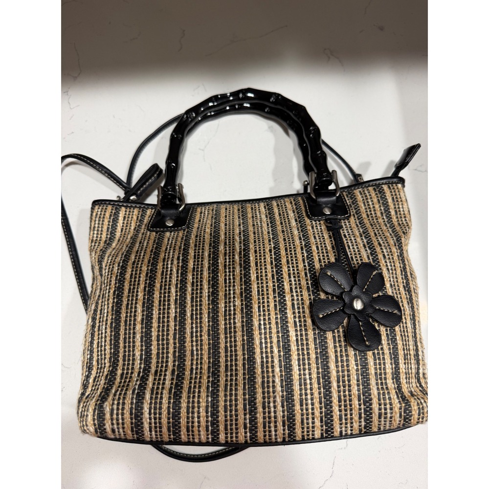 Relic Straw Stripe Handbag Faux Bamboo Handle Crossbody Bag Black Tan Flower